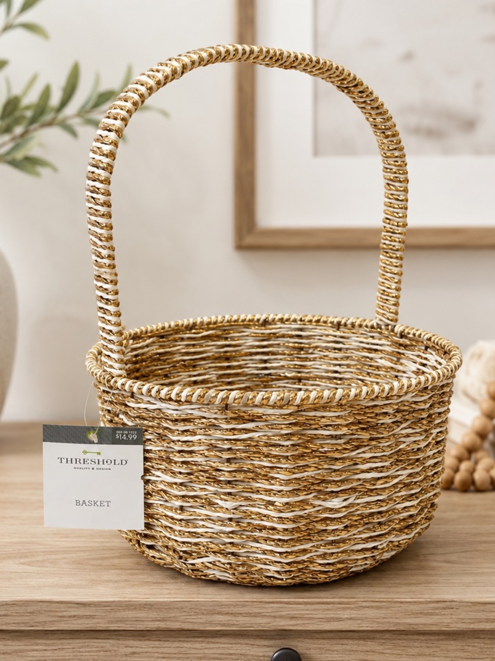 *New* Threshold Two-Tone Shiny Gold and White Woven Basket with Handle